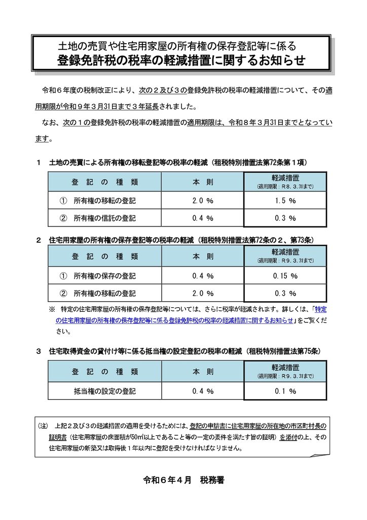 かっこいい工務店　土地の売買や住宅用家屋の所有権の保存登記等に係る登録免許税の税率の軽減措置